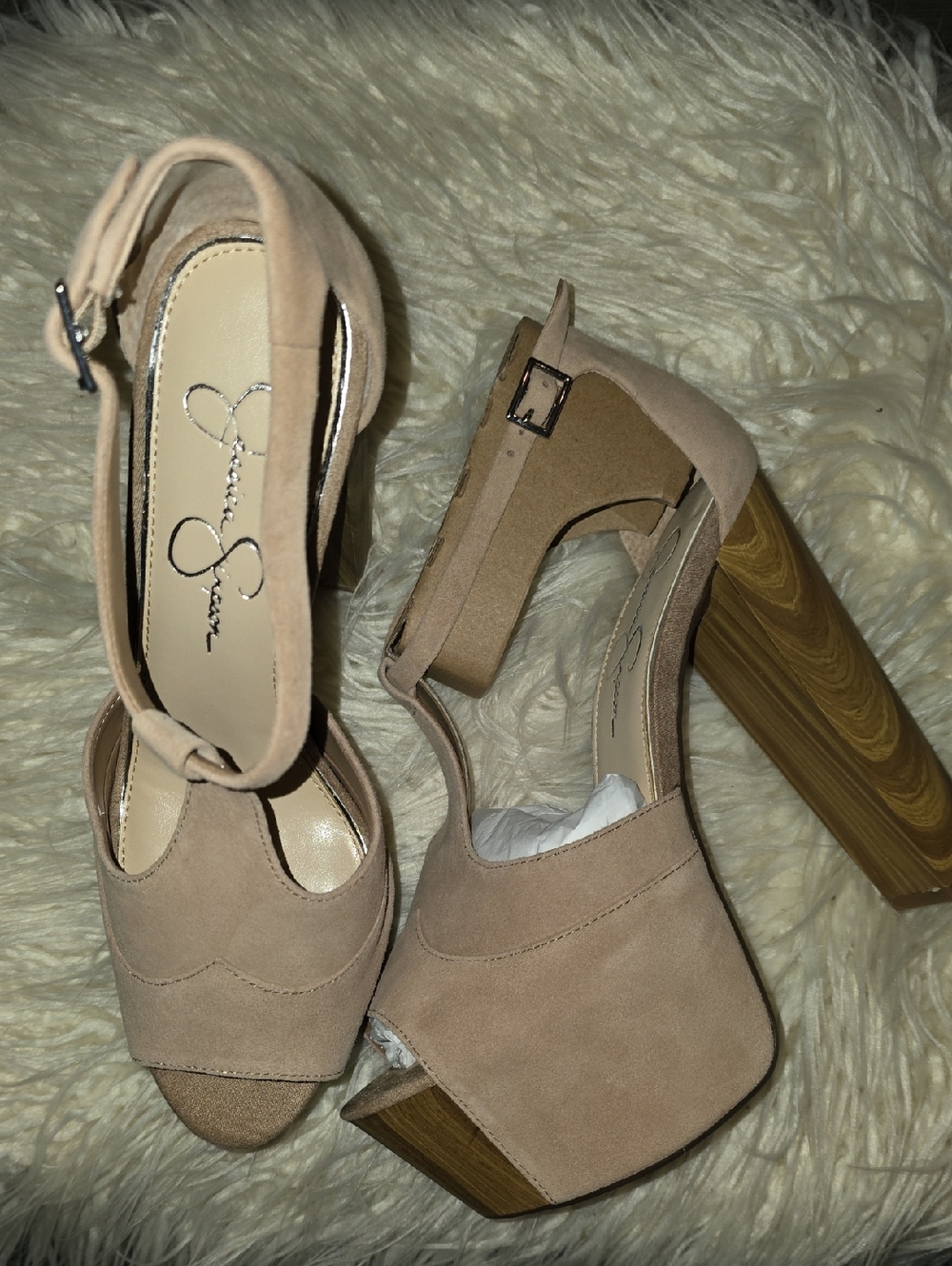 Jessica Simpson Sand Suede Platform Sandals with Wood-Look Block Heel